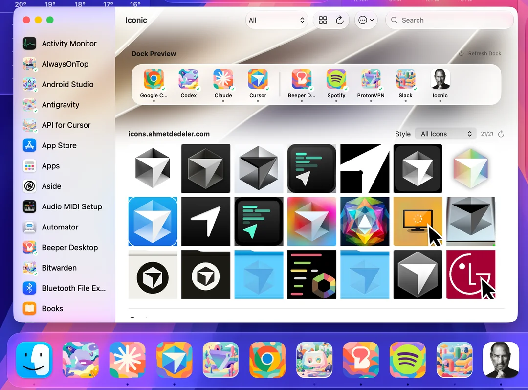 The Iconic Mac app: a sidebar of installed apps, a live dock preview, and the built-in icon catalog with light and dark styles.